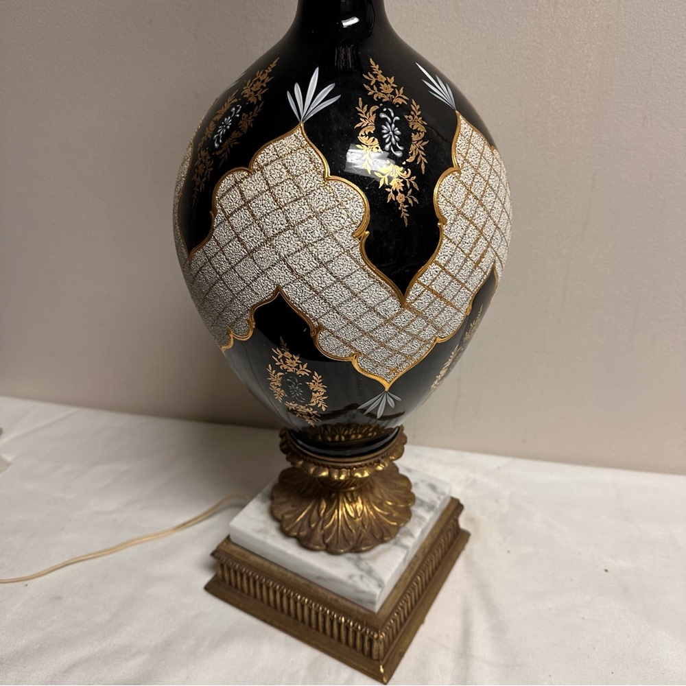 Hollywood Regency Tall Black Table Lamp Black Gold Ornate on Marble Base 36”H - Picture 4 of 8